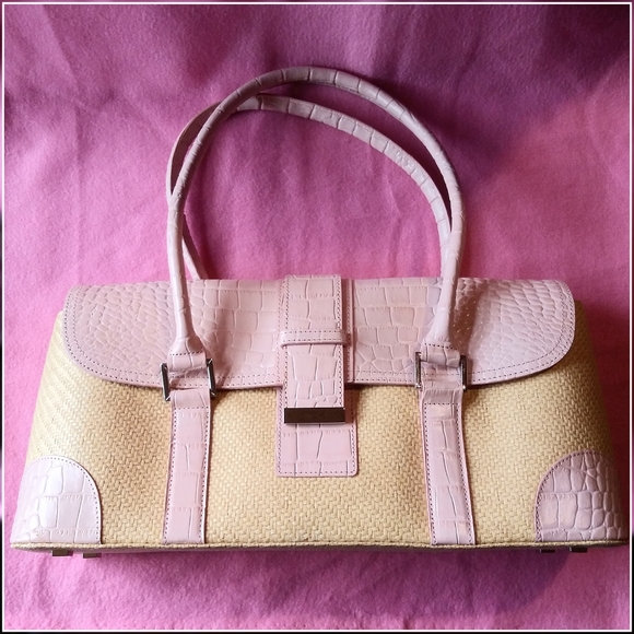NWOT- Taupe/Pink Leather Straw Handbag - Picture 1 of 6